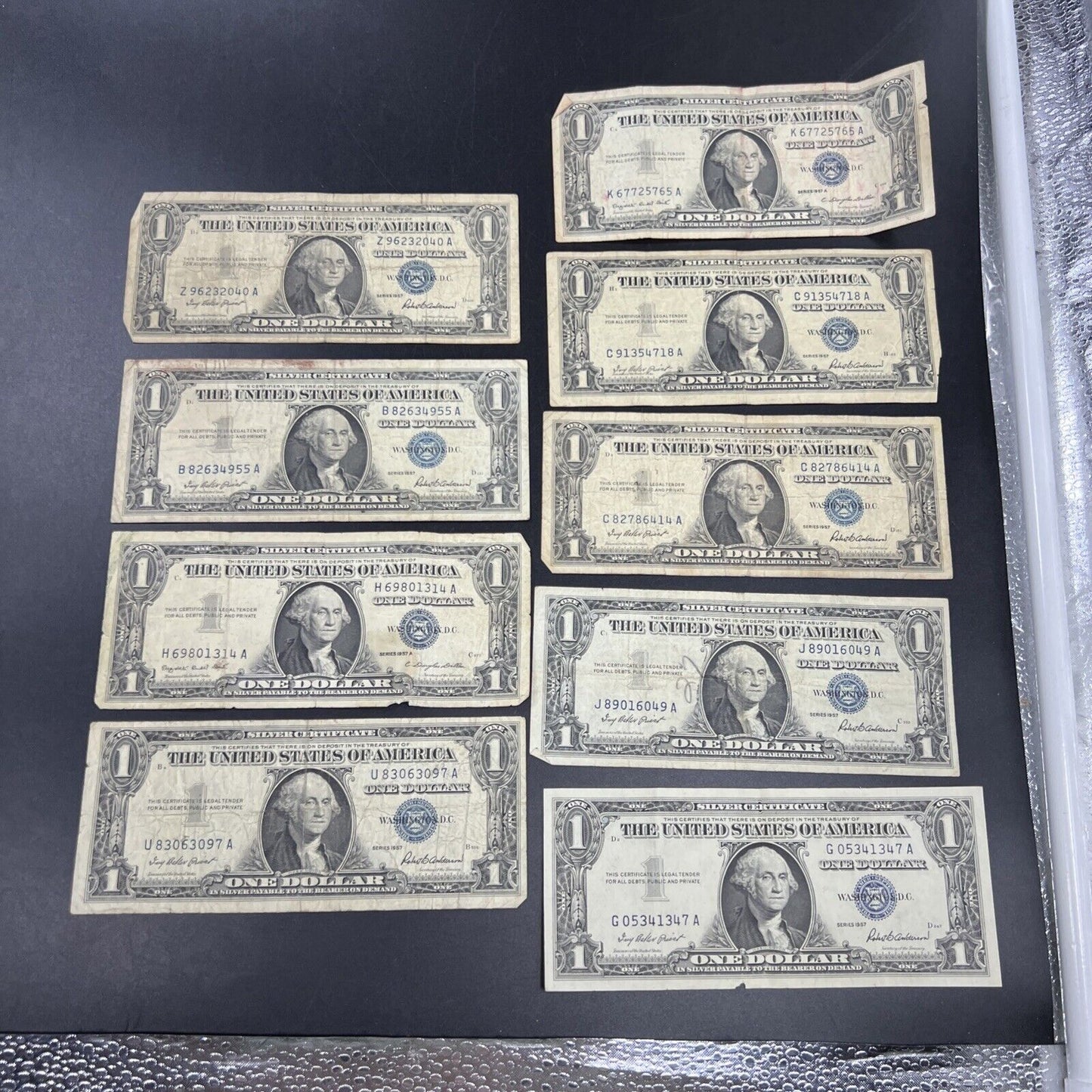 Lot of 9 1957 $1 One Dollar Blue Seal Silver Certificates Average Circulated #7A