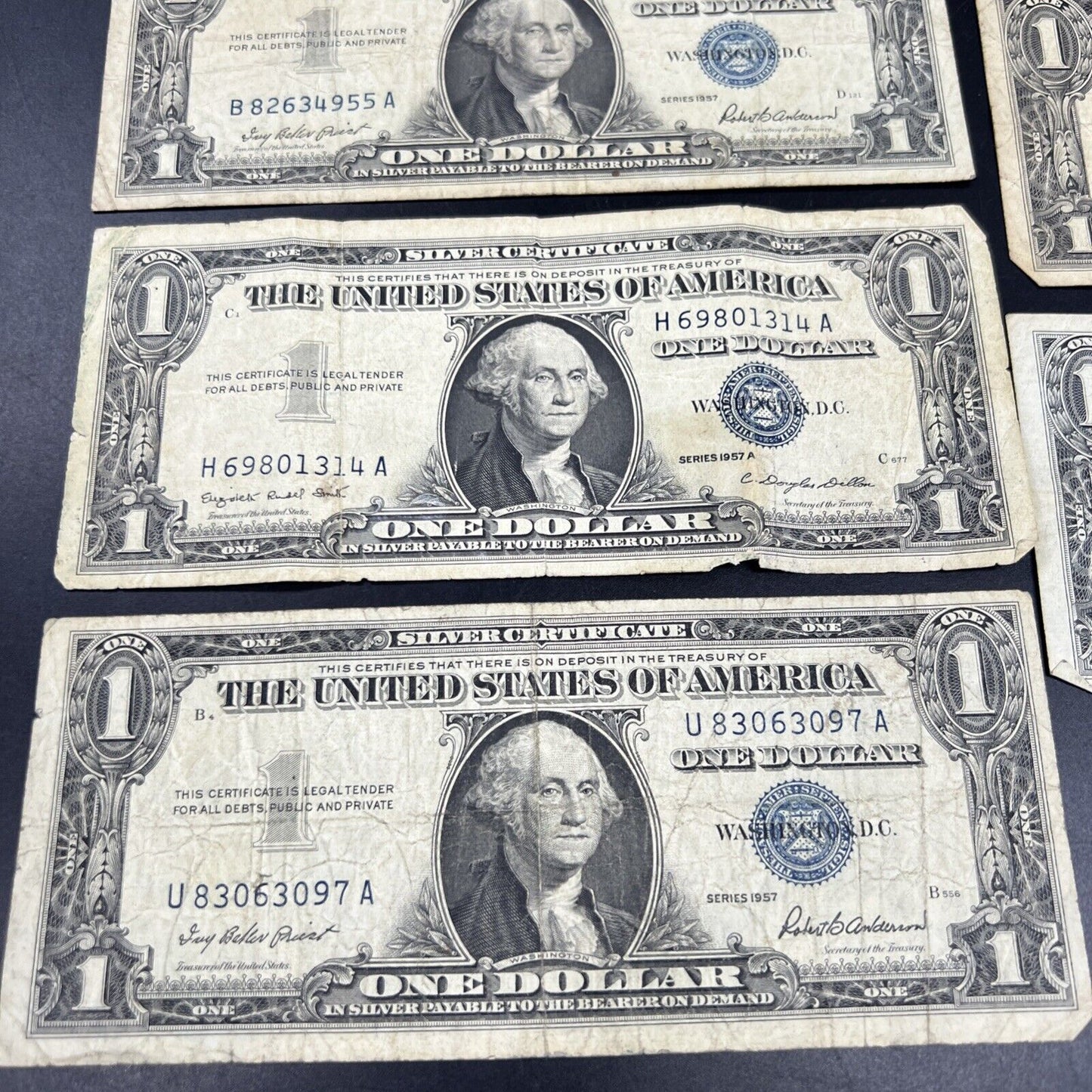 Lot of 9 1957 $1 One Dollar Blue Seal Silver Certificates Average Circulated #7A