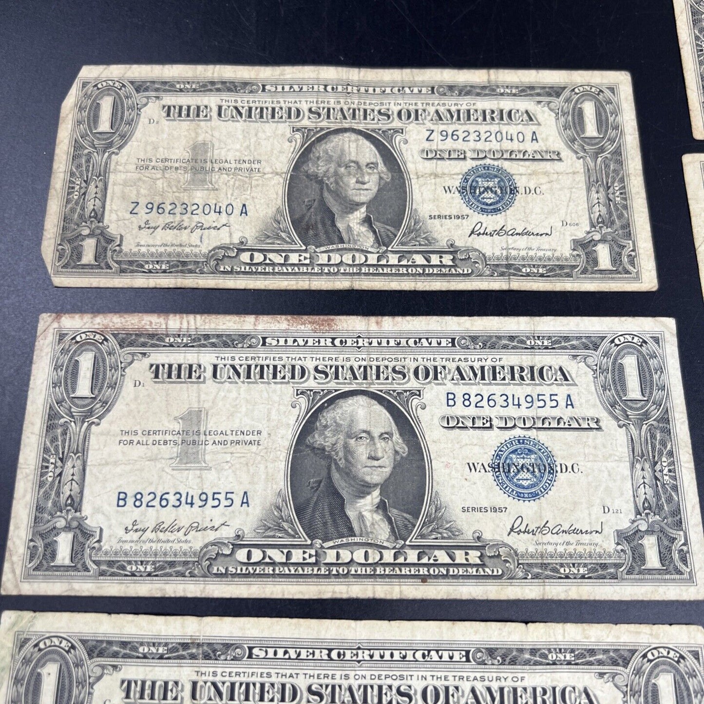Lot of 9 1957 $1 One Dollar Blue Seal Silver Certificates Average Circulated #7A