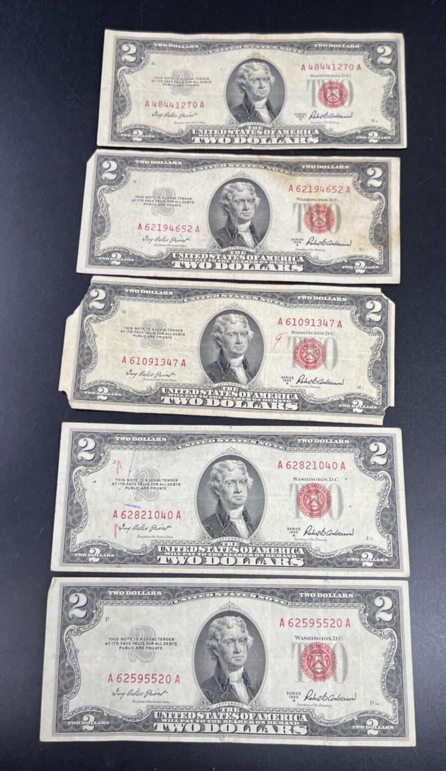 Lot of 5 1953 $2 Two Dollar USN Red Seal Legal Tender Notes Avg Circ #520