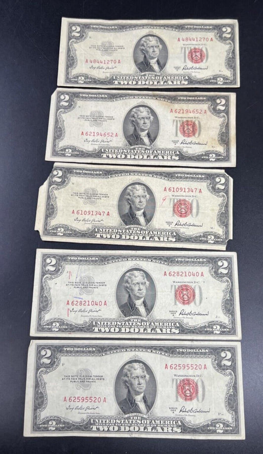 Lot of 5 1953 $2 Two Dollar USN Red Seal Legal Tender Notes Avg Circ #520