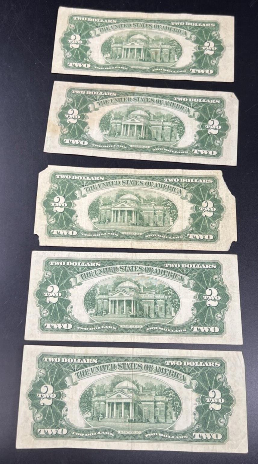 Lot of 5 1953 $2 Two Dollar USN Red Seal Legal Tender Notes Avg Circ #520