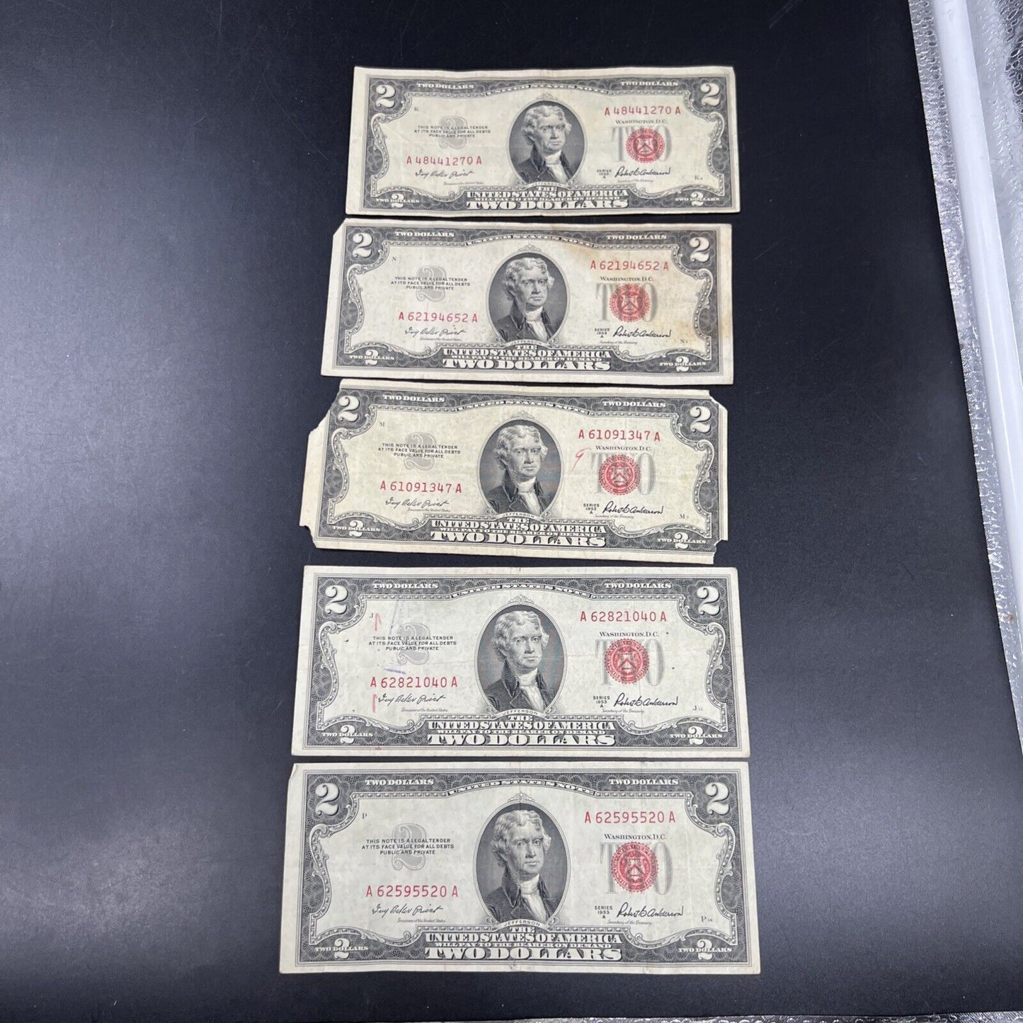 Lot of 5 1953 $2 Two Dollar USN Red Seal Legal Tender Notes Avg Circ #520