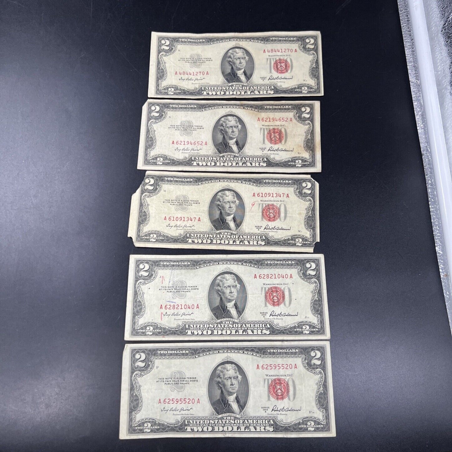 Lot of 5 1953 $2 Two Dollar USN Red Seal Legal Tender Notes Avg Circ #520