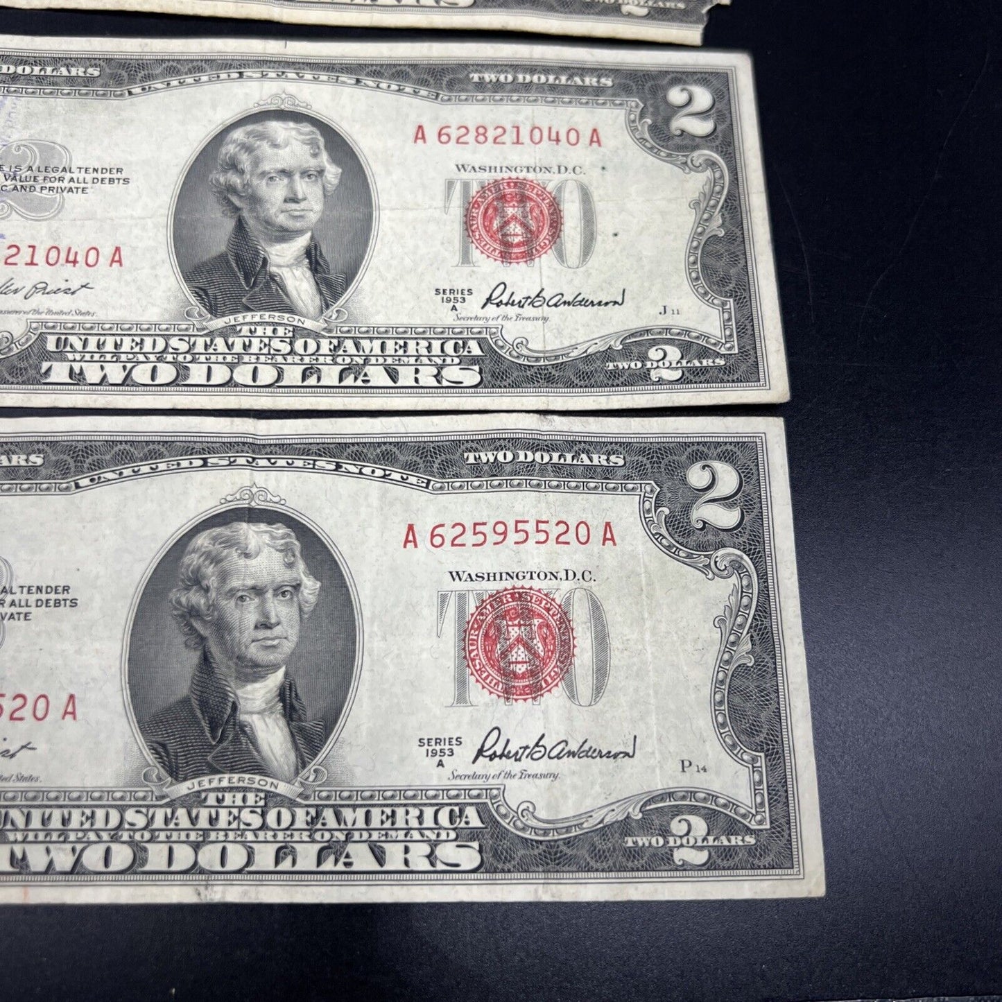 Lot of 5 1953 $2 Two Dollar USN Red Seal Legal Tender Notes Avg Circ #520