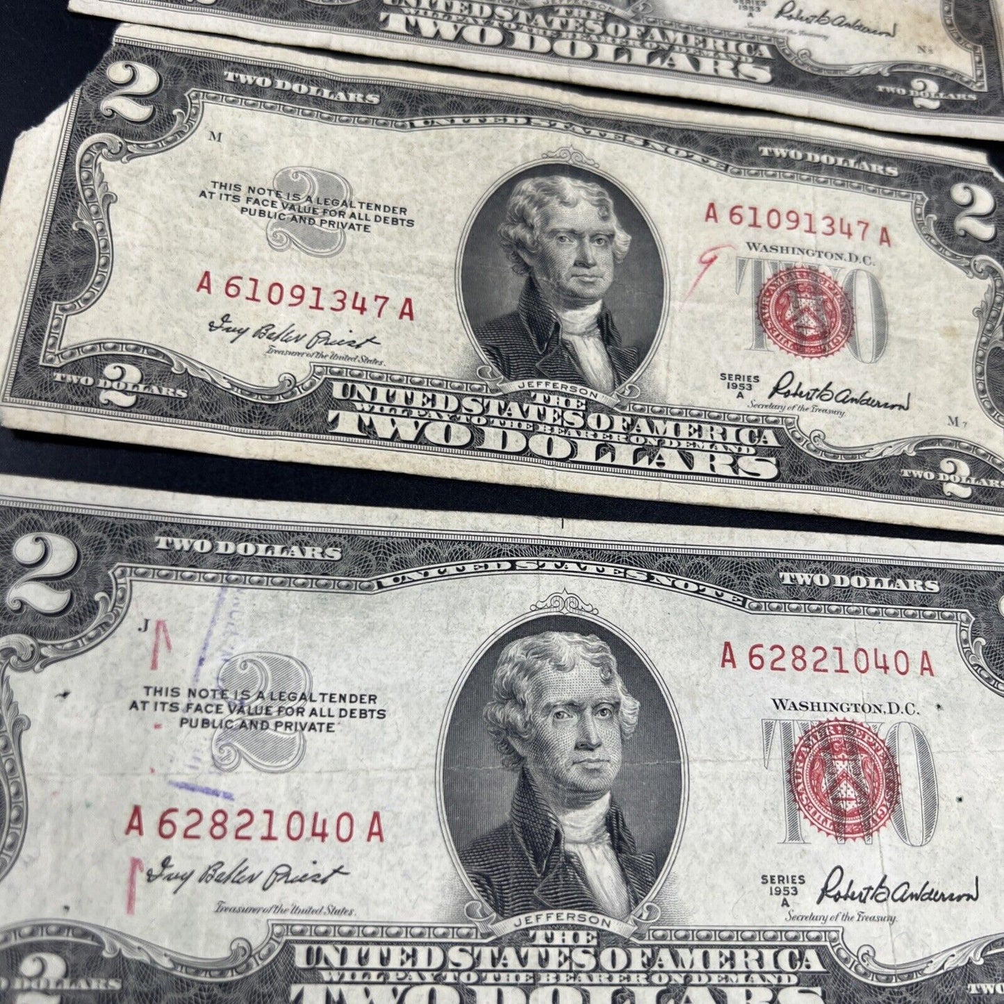 Lot of 5 1953 $2 Two Dollar USN Red Seal Legal Tender Notes Avg Circ #520