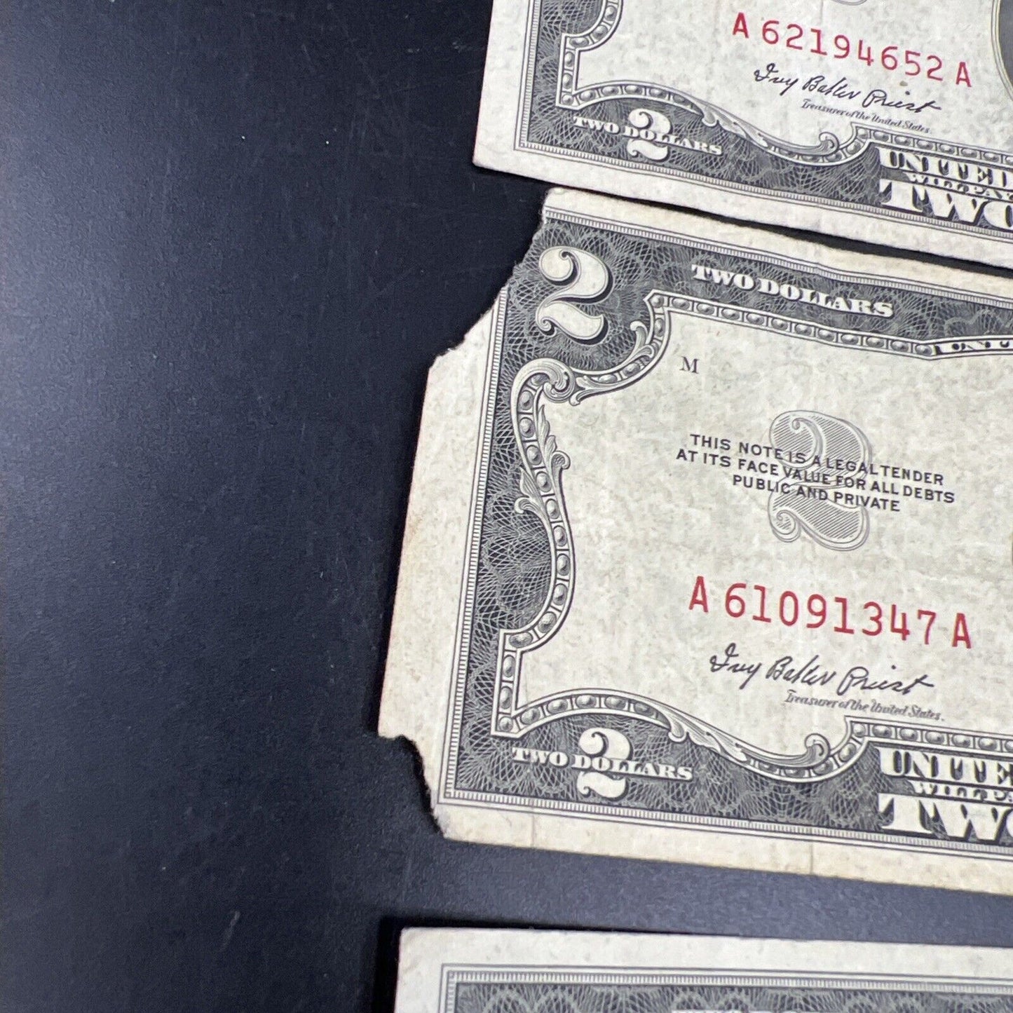 Lot of 5 1953 $2 Two Dollar USN Red Seal Legal Tender Notes Avg Circ #520