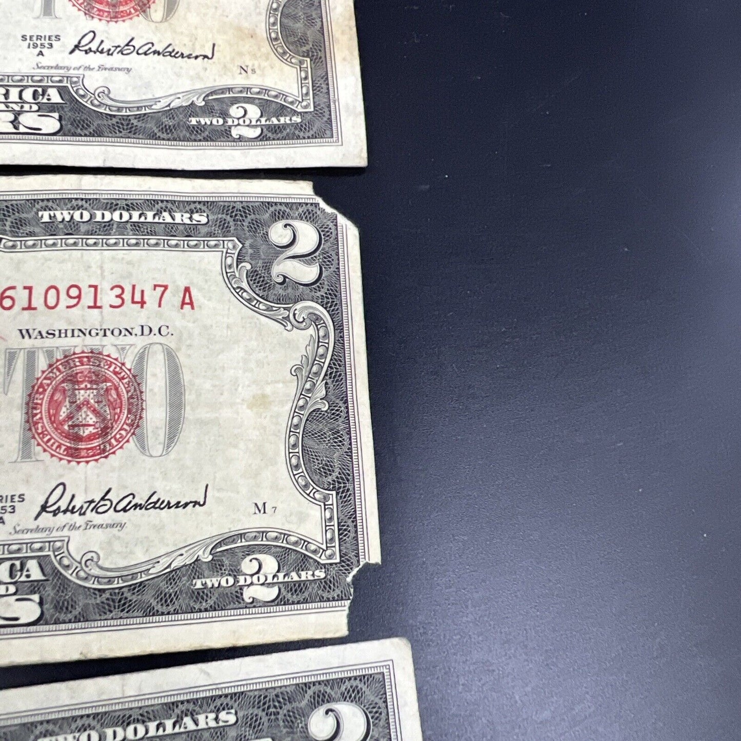 Lot of 5 1953 $2 Two Dollar USN Red Seal Legal Tender Notes Avg Circ #520