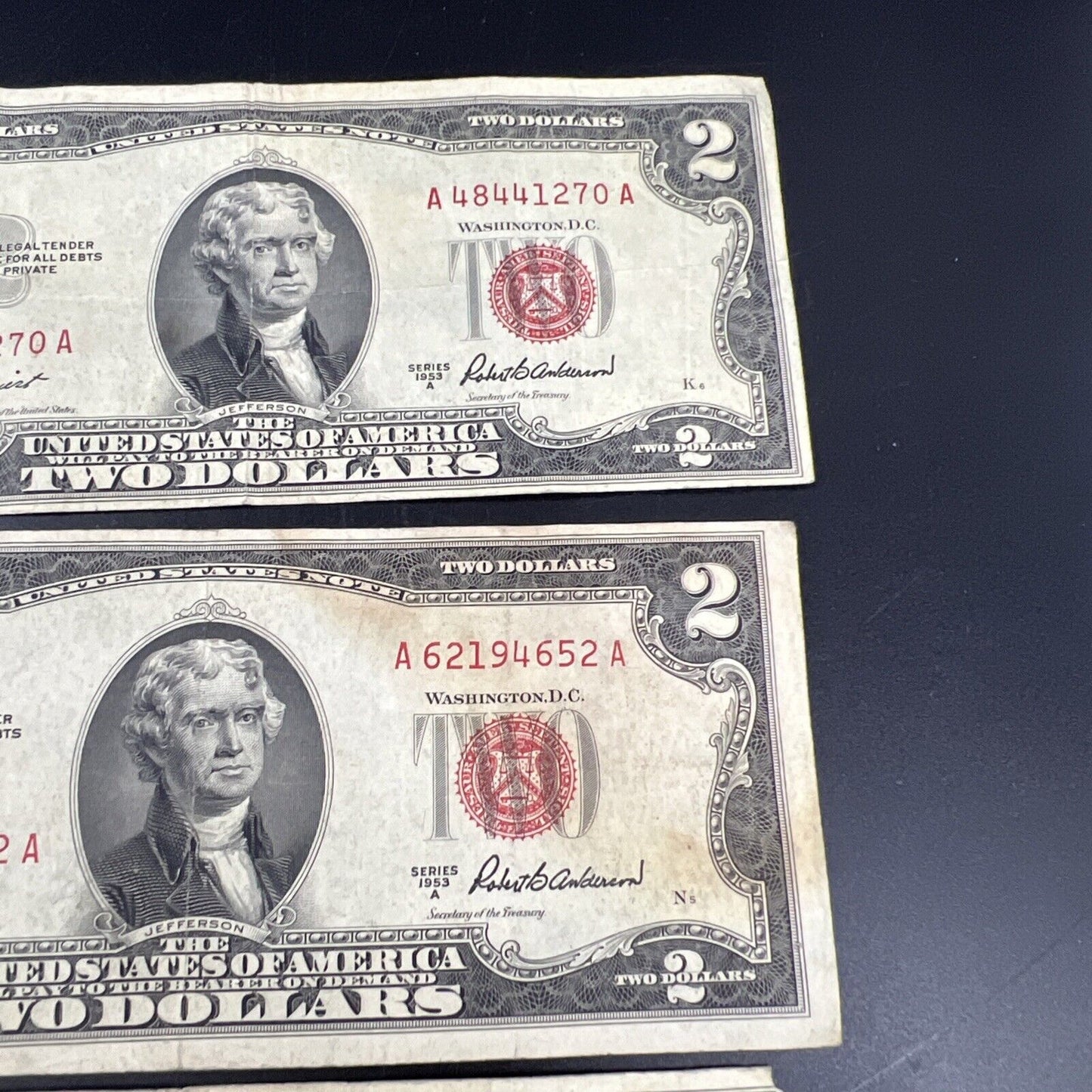 Lot of 5 1953 $2 Two Dollar USN Red Seal Legal Tender Notes Avg Circ #520