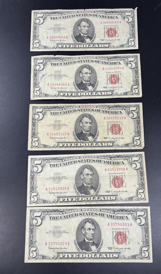 Lot of 5 1963 $5 Five Dollar Legal Tender Note Bills Circulated Conditions #203