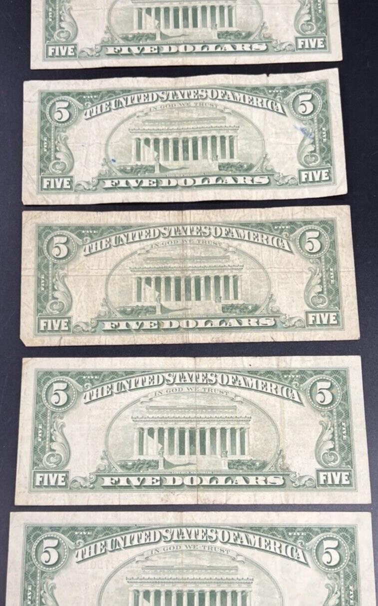Lot of 5 1963 $5 Five Dollar Legal Tender Note Bills Circulated Conditions #203