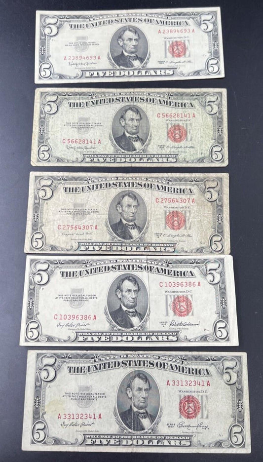 5 Note Set 1953 A B C + 1963 $5 Five Dollar Legal Tender Note Bill Collection