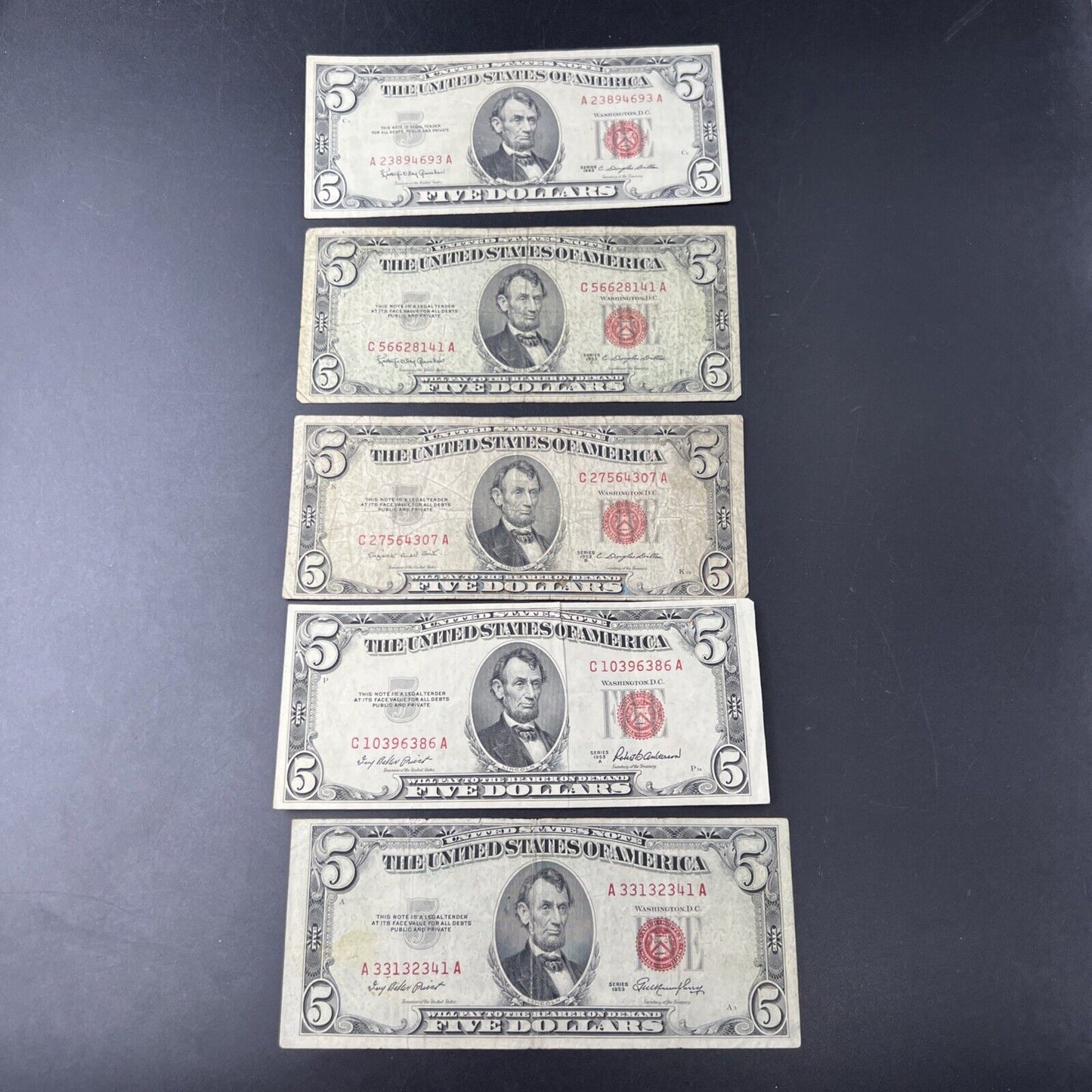 5 Note Set 1953 A B C + 1963 $5 Five Dollar Legal Tender Note Bill Collection