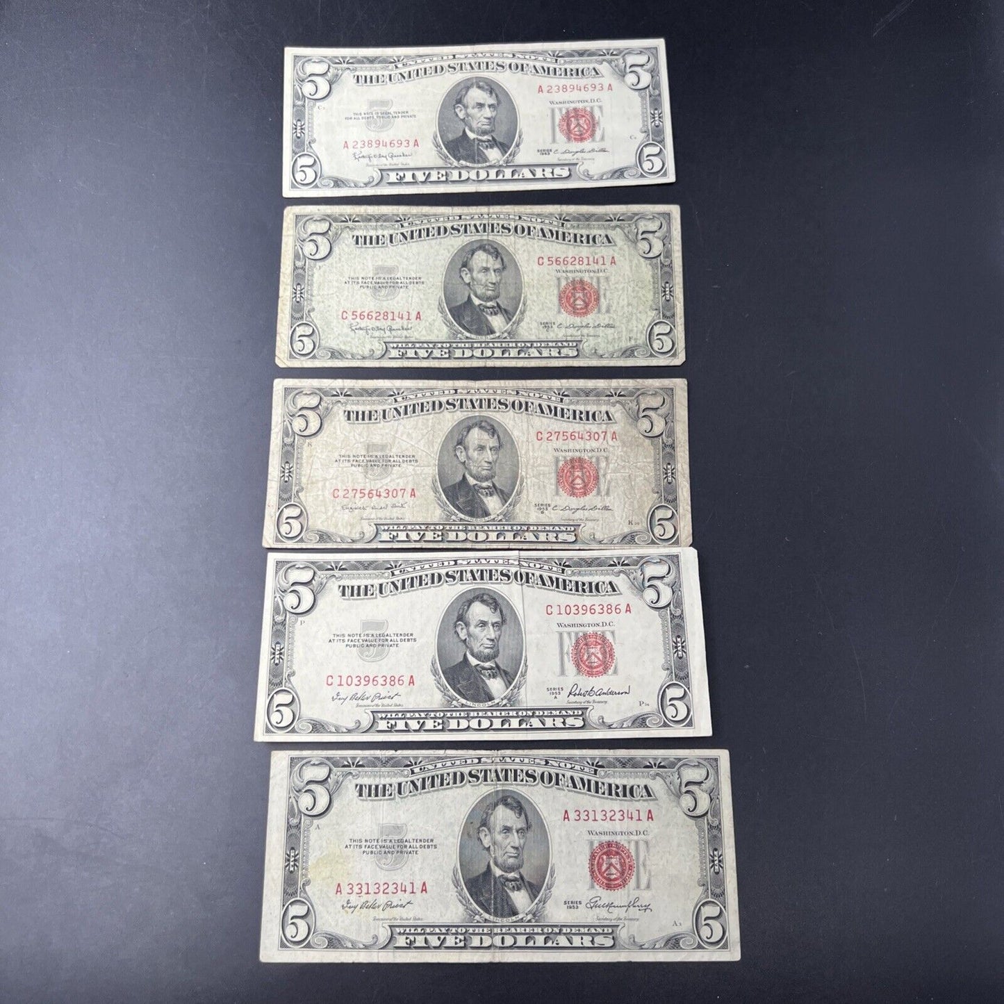 5 Note Set 1953 A B C + 1963 $5 Five Dollar Legal Tender Note Bill Collection