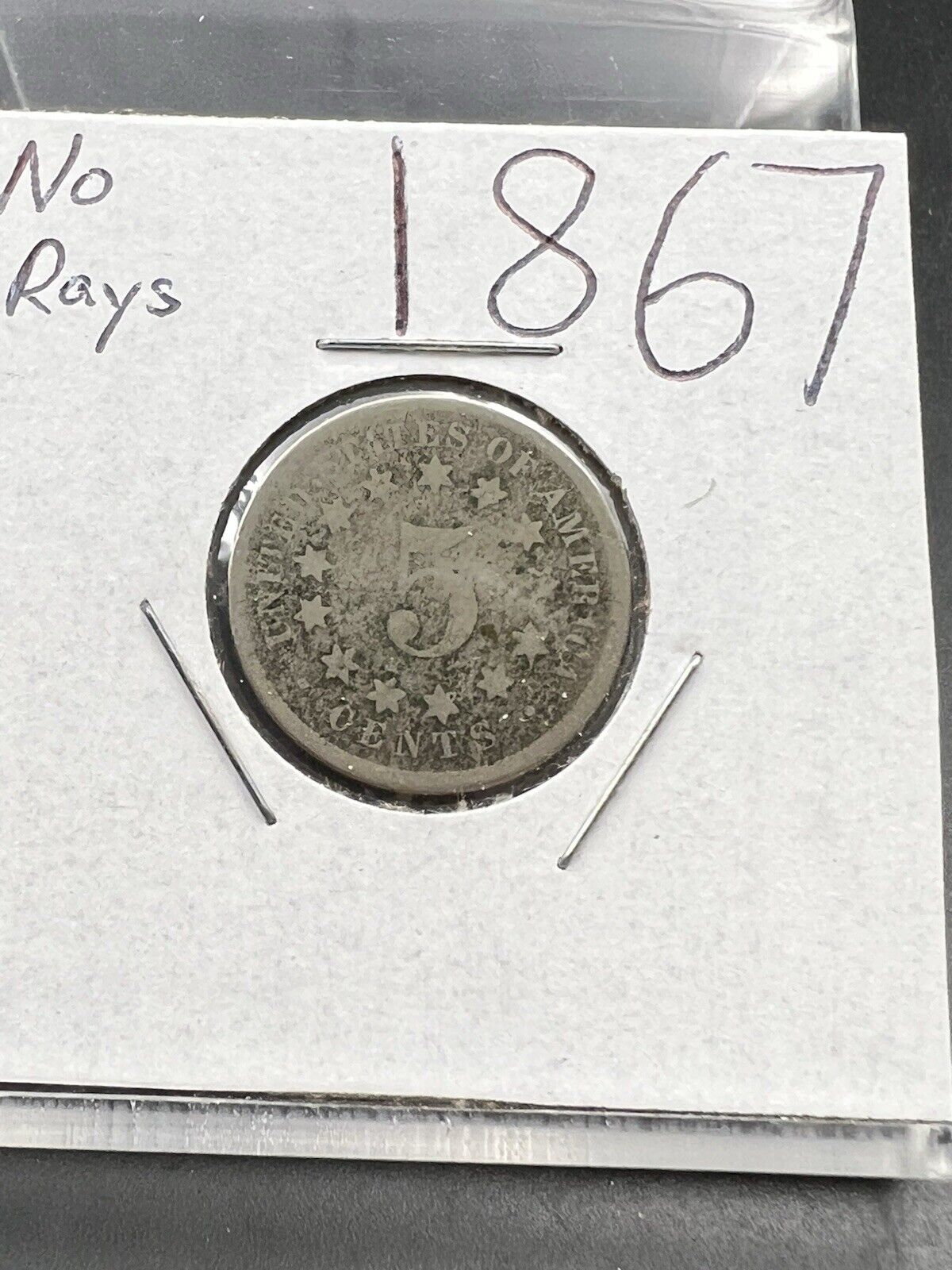 1867 5c No Rays Shield Nickel Coin Fair / AG Very Circulated