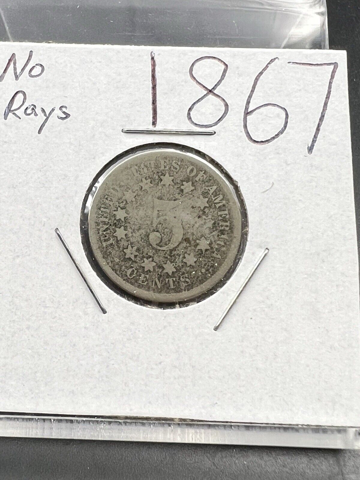 1867 5c No Rays Shield Nickel Coin Fair / AG Very Circulated