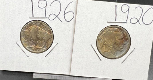 Lot of 2 Very Circulated Buffalo Nickels with Neat Toning Toner 1926 & 1920 P 5c