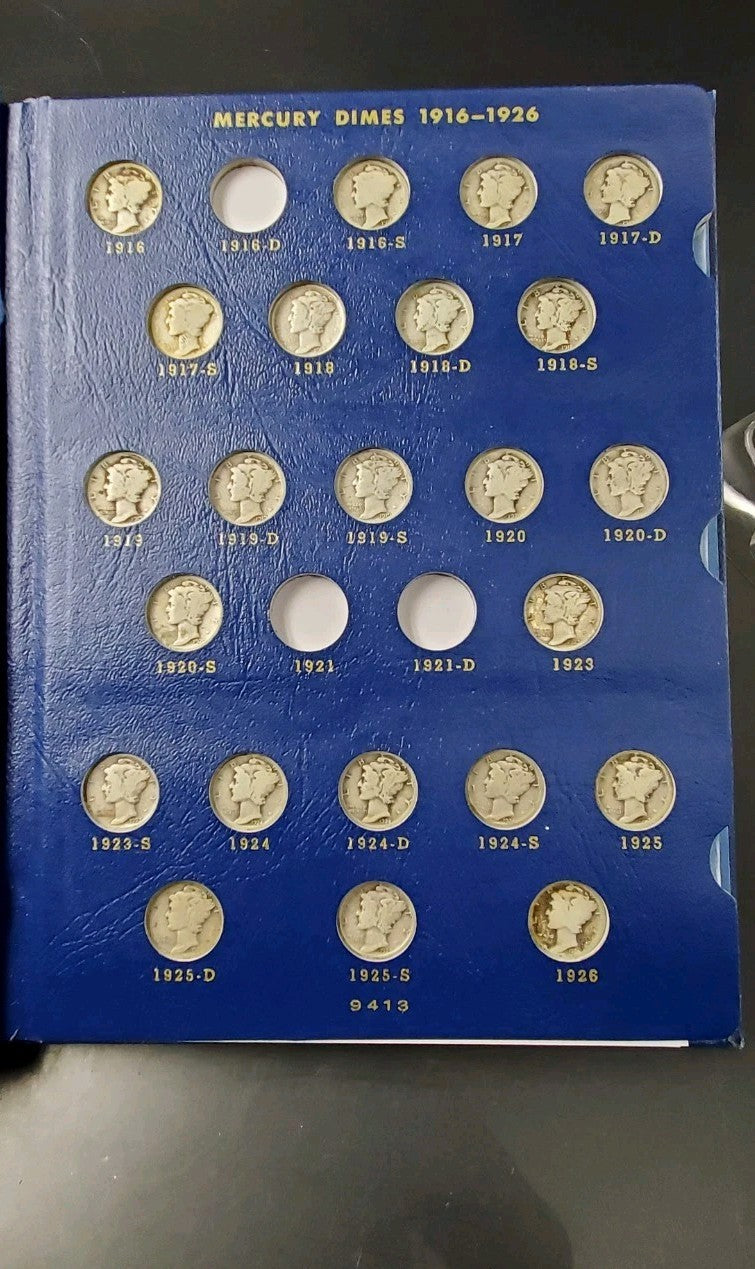 74 Coin Partial Starter Mercury Silver Dime Set 1916-1945 Circulated in Album