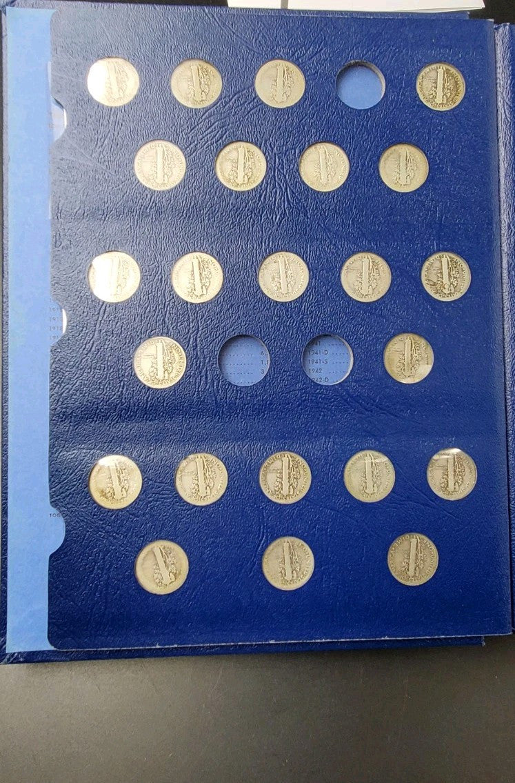 74 Coin Partial Starter Mercury Silver Dime Set 1916-1945 Circulated in Album