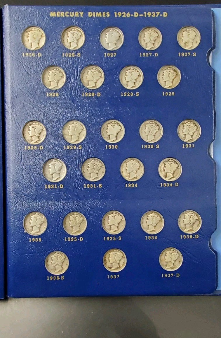 74 Coin Partial Starter Mercury Silver Dime Set 1916-1945 Circulated in Album