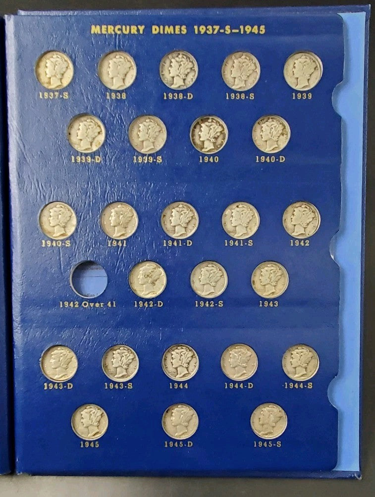 74 Coin Partial Starter Mercury Silver Dime Set 1916-1945 Circulated in Album