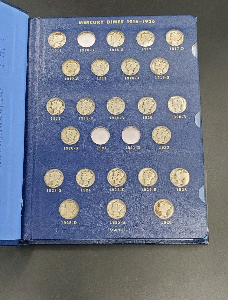 74 Coin Partial Starter Mercury Silver Dime Set 1916-1945 Circulated in Album