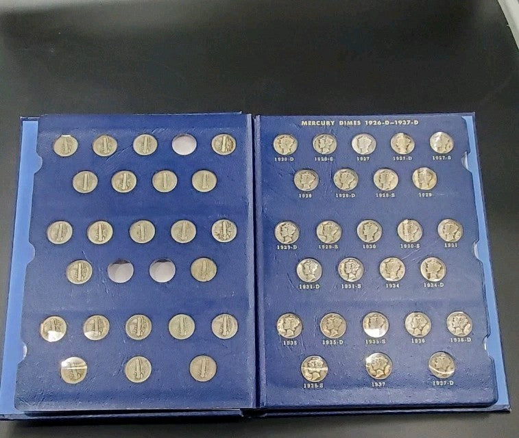 74 Coin Partial Starter Mercury Silver Dime Set 1916-1945 Circulated in Album