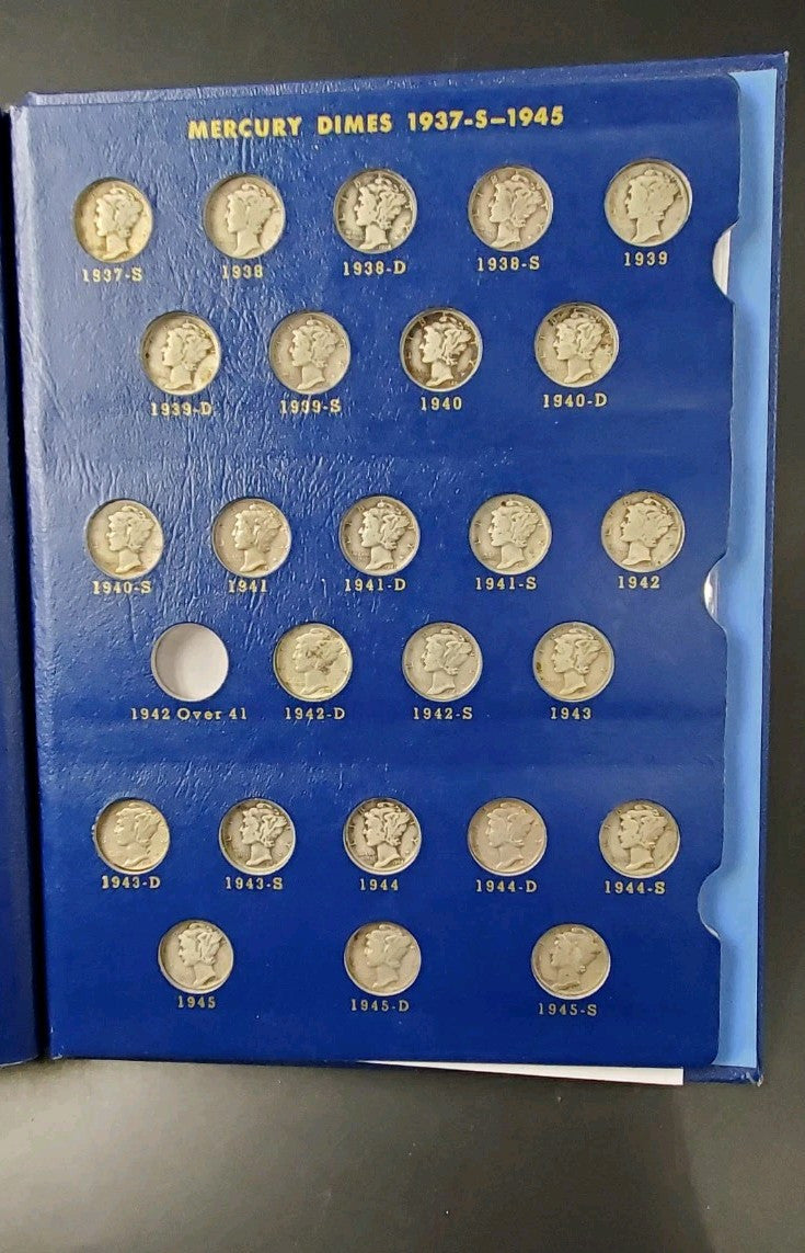 74 Coin Partial Starter Mercury Silver Dime Set 1916-1945 Circulated in Album