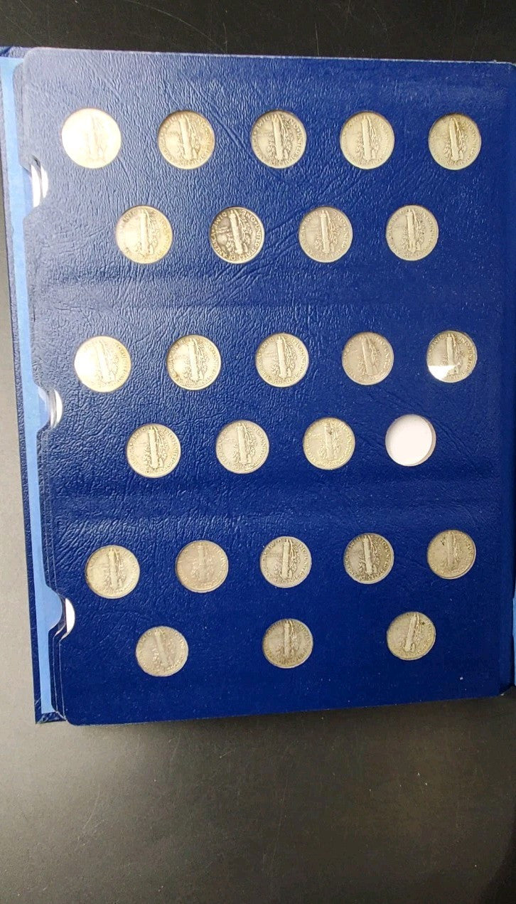 74 Coin Partial Starter Mercury Silver Dime Set 1916-1945 Circulated in Album