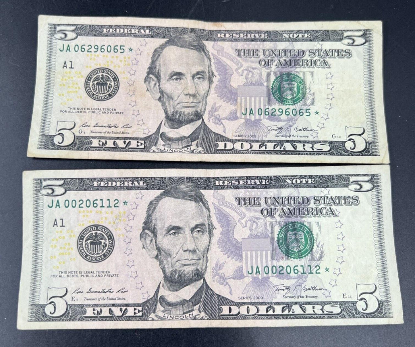 Lot of 2 2009 * Star $5 FRN Federal Reserve Notes Circulated #112