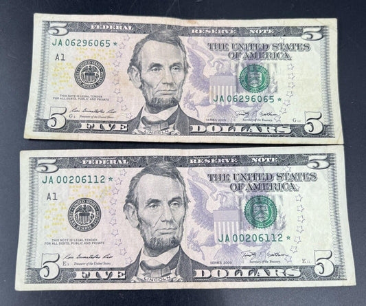 Lot of 2 2009 * Star $5 FRN Federal Reserve Notes Circulated #112
