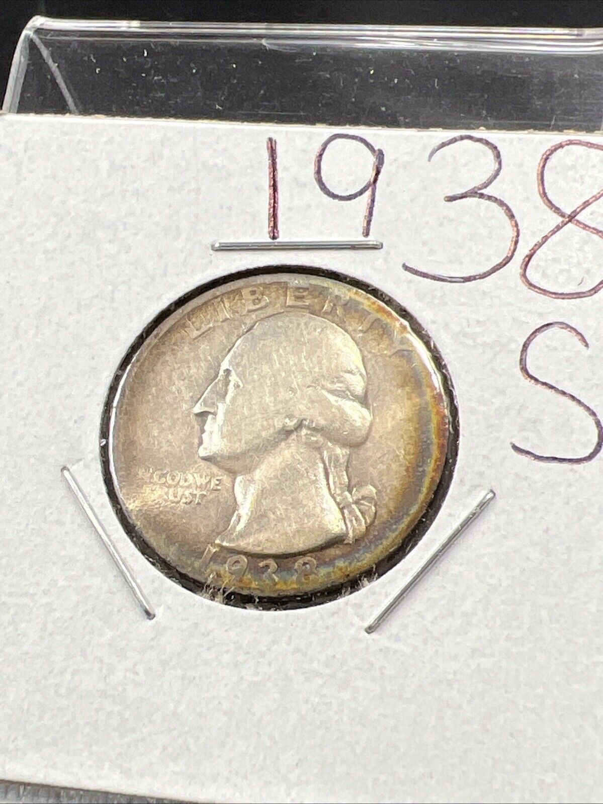 1938 S 25c Washington Silver Quarter Coin VG Very Good / Fine Circ Halo Toning