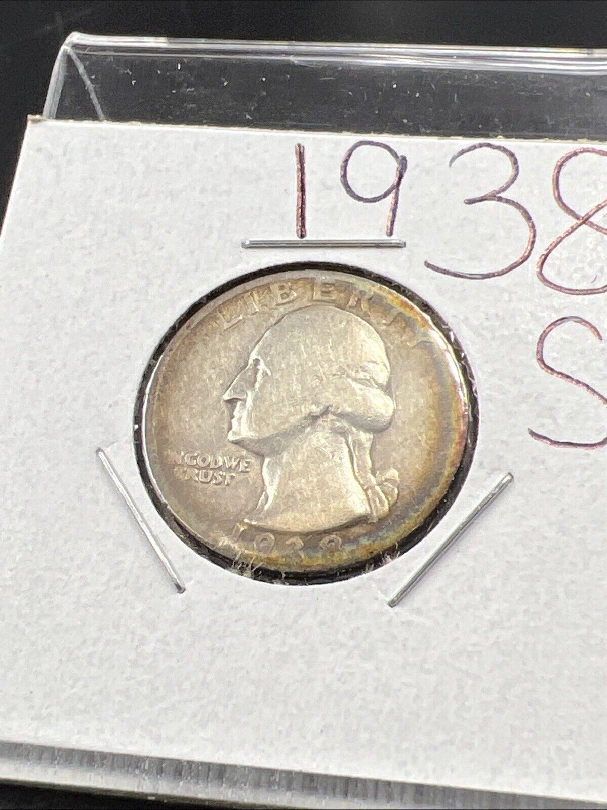 1938 S 25c Washington Silver Quarter Coin VG Very Good / Fine Circ Halo Toning