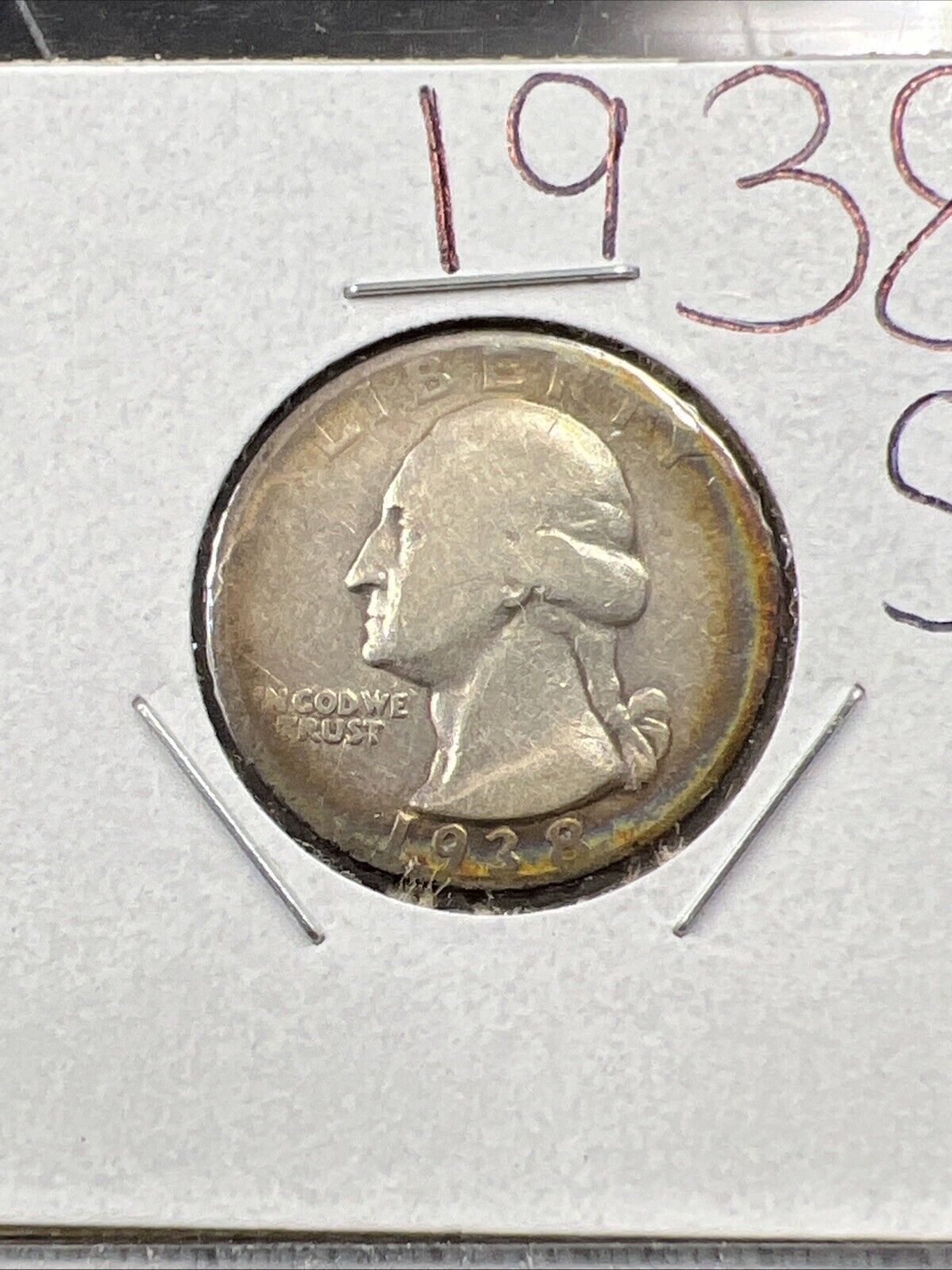 1938 S 25c Washington Silver Quarter Coin VG Very Good / Fine Circ Halo Toning