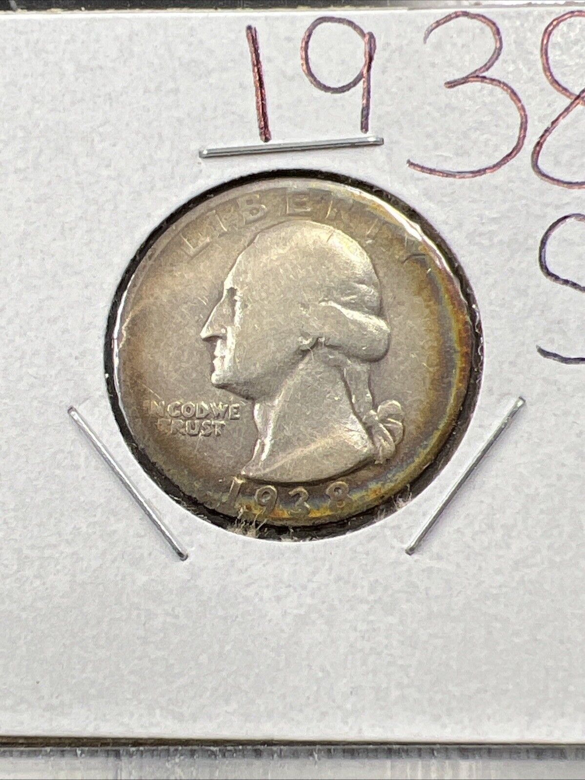 1938 S 25c Washington Silver Quarter Coin VG Very Good / Fine Circ Halo Toning