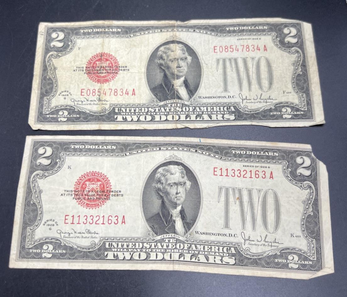 Lot of 2 1928 G $2 Two Dollar Legal Tender Notes Very Circulated #1133
