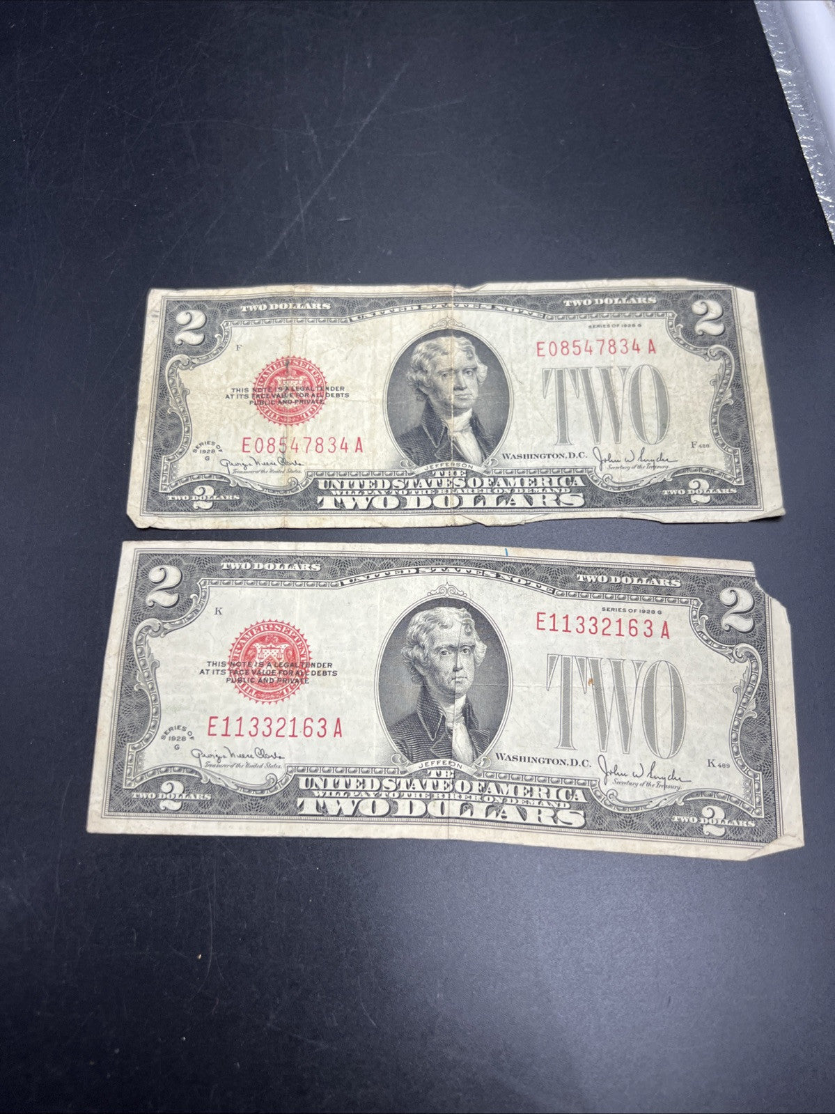 Lot of 2 1928 G $2 Two Dollar Legal Tender Notes Very Circulated #1133