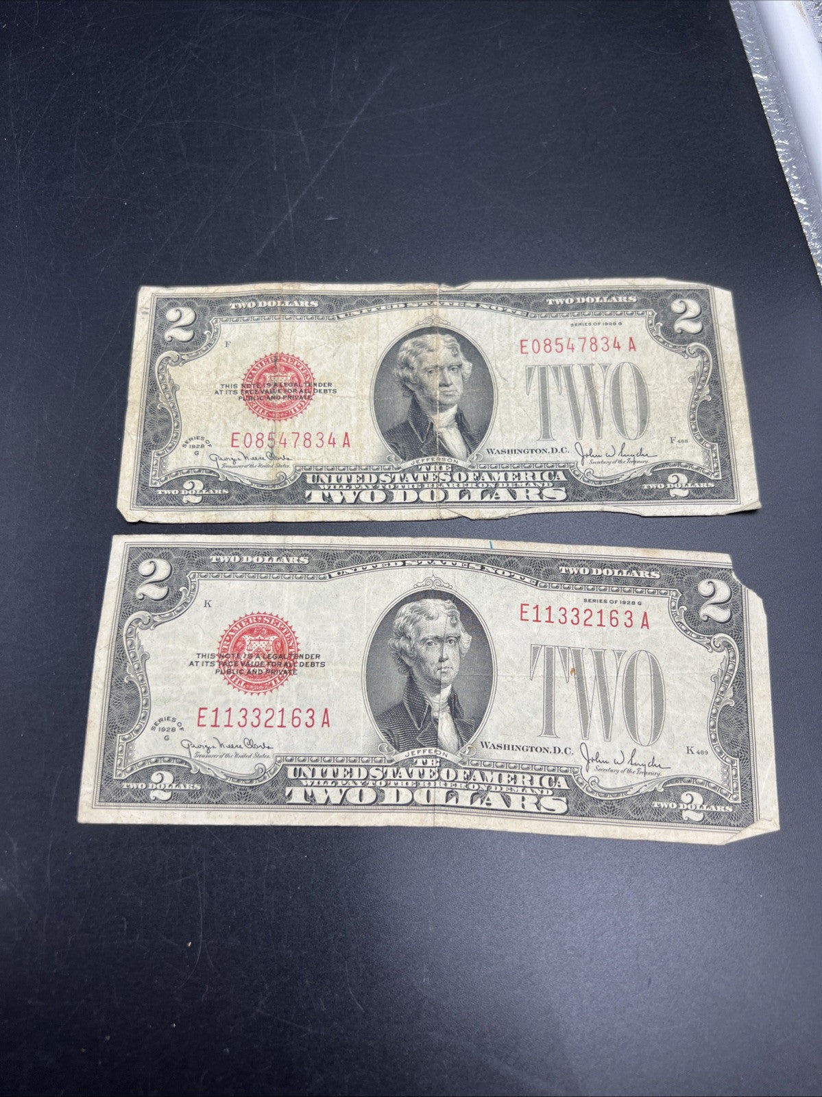 Lot of 2 1928 G $2 Two Dollar Legal Tender Notes Very Circulated #1133