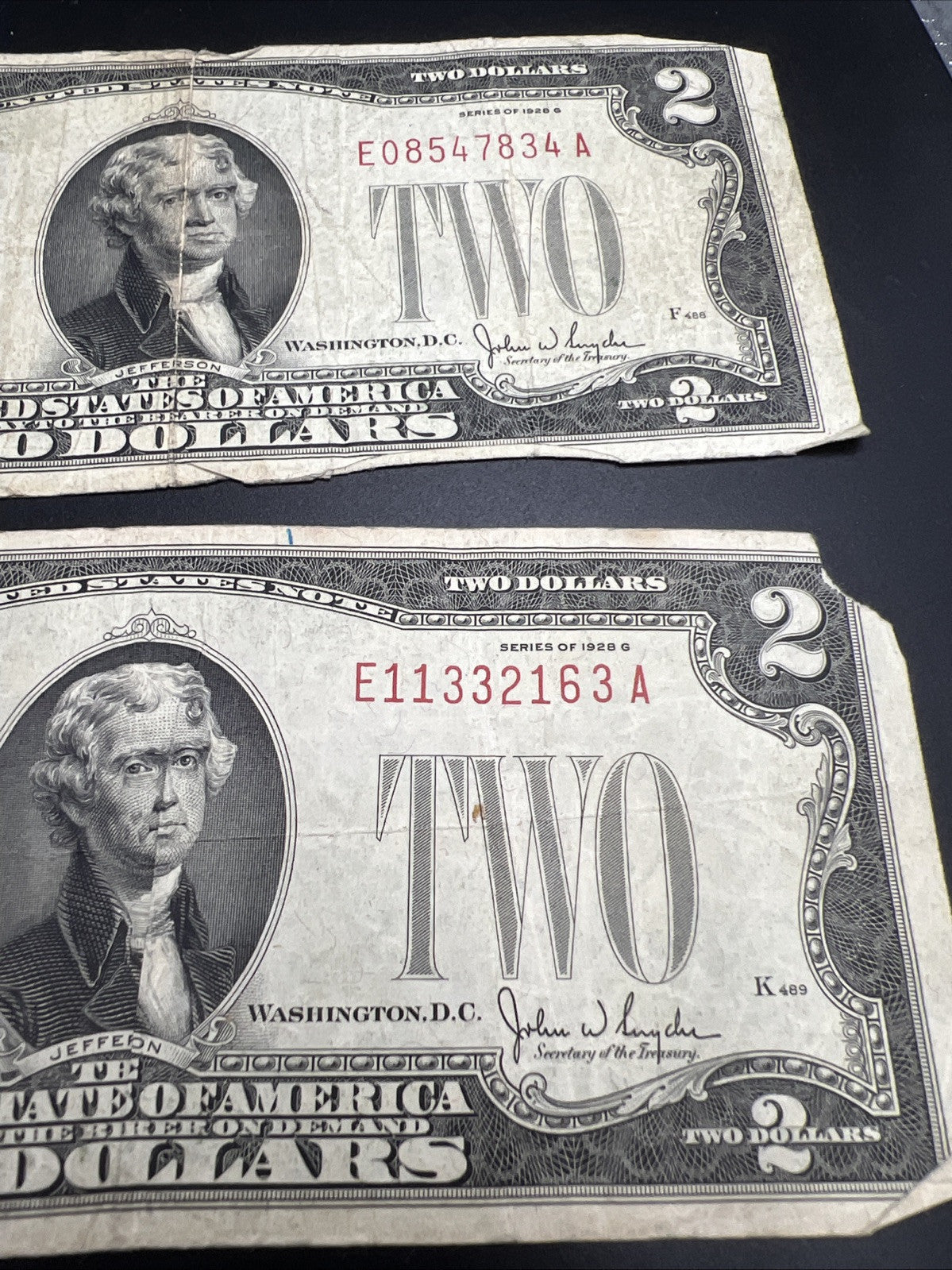 Lot of 2 1928 G $2 Two Dollar Legal Tender Notes Very Circulated #1133