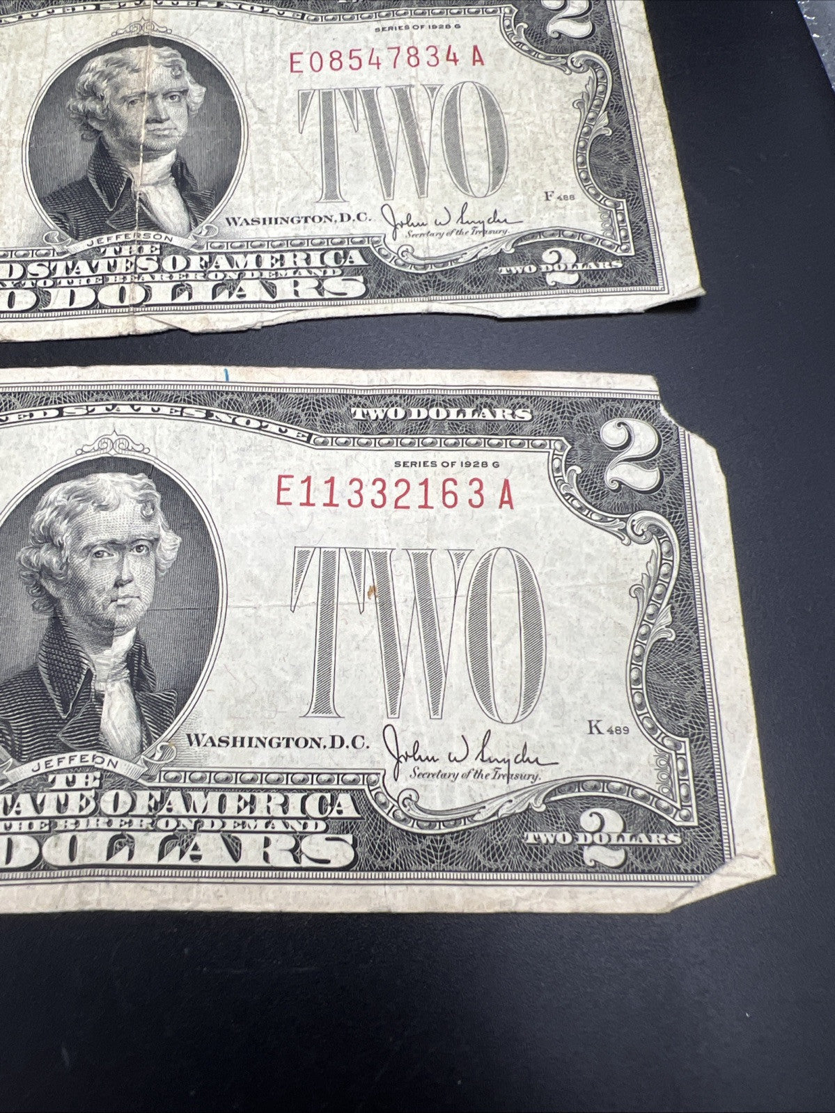 Lot of 2 1928 G $2 Two Dollar Legal Tender Notes Very Circulated #1133