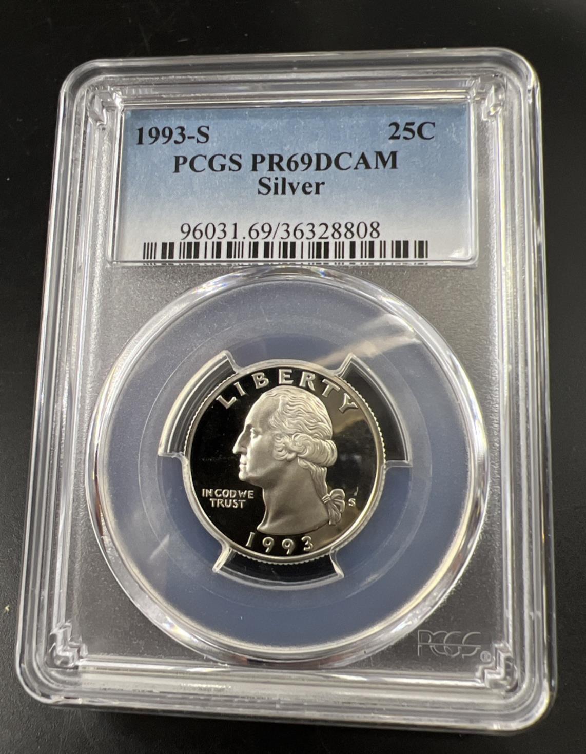 1993 S 25c Washington 90% Silver Proof Quarter Coin PCGS PR69DCAM #808