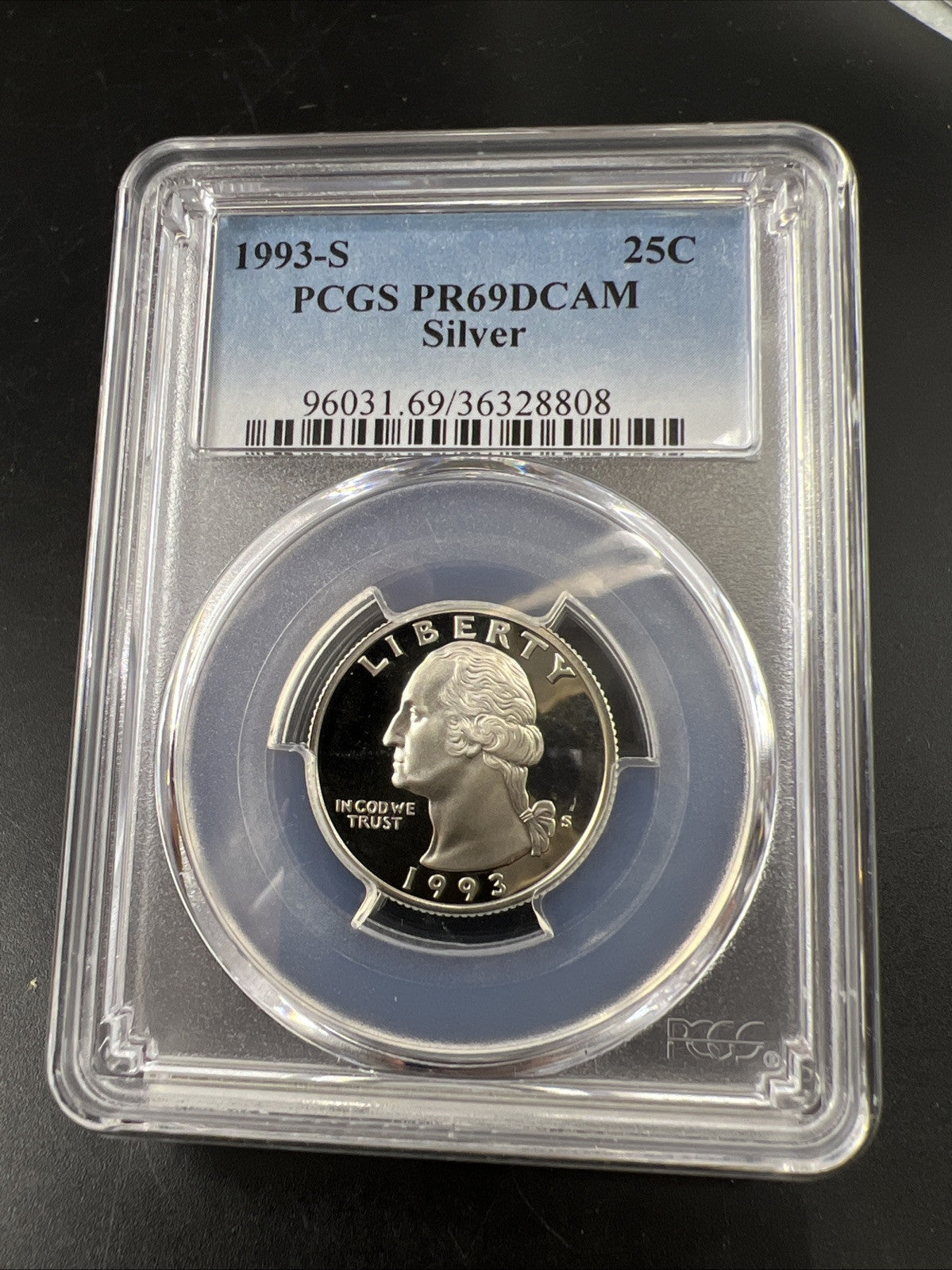 1993 S 25c Washington 90% Silver Proof Quarter Coin PCGS PR69DCAM #808