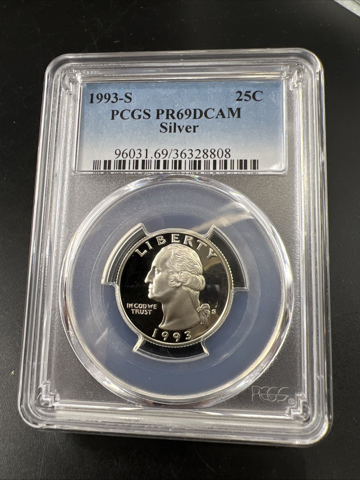 1993 S 25c Washington 90% Silver Proof Quarter Coin PCGS PR69DCAM #808