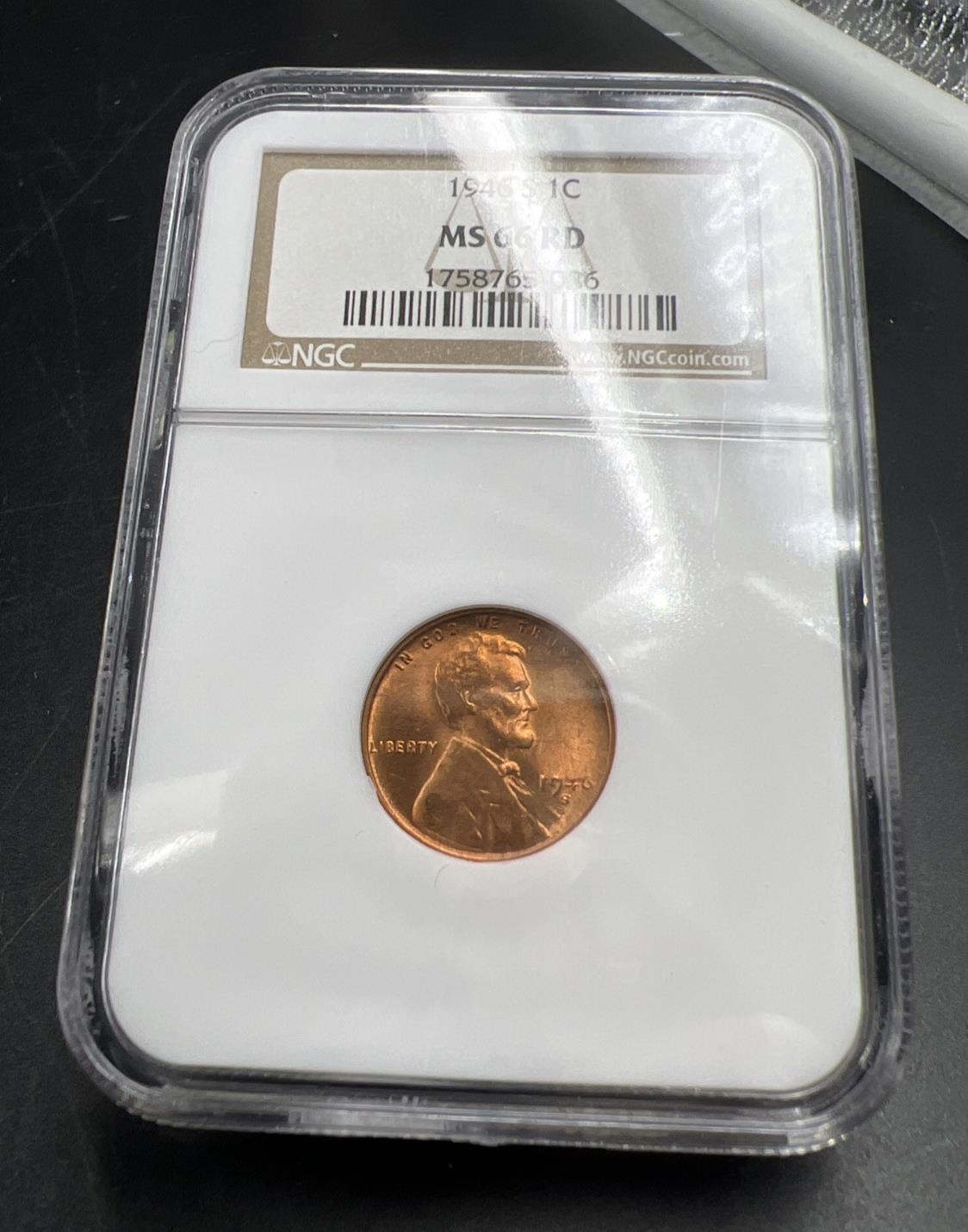 1946 S 1c Lincoln Wheat Cent Penny Coin NGC MS66 RD Gem BU Certified #086