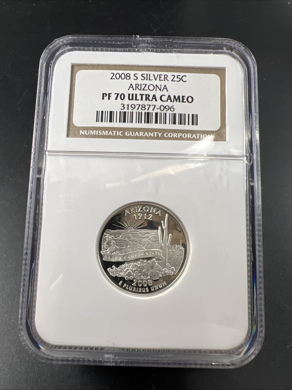 2008 25c Arizona Silver State Quarter Coin NGC PF70 UCAM #096