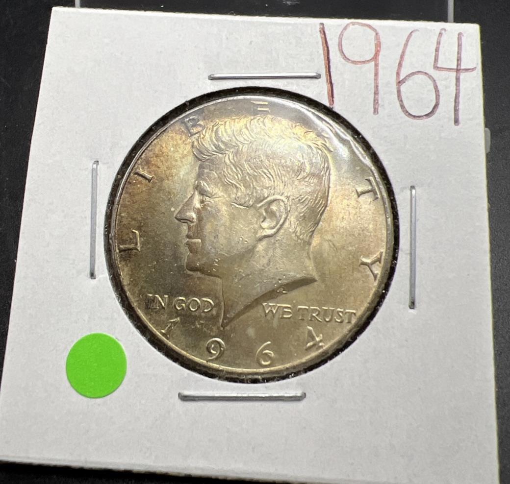 1964 P 50c Kennedy Silver Half Dollar Coin Choice AU Neat Toning Toner SKU#GN25