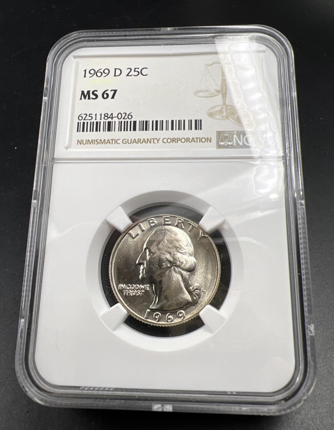 1969 D 25c Washington Clad Copper Nickel Quarter Coin MS67 NGC Certified Gem BU