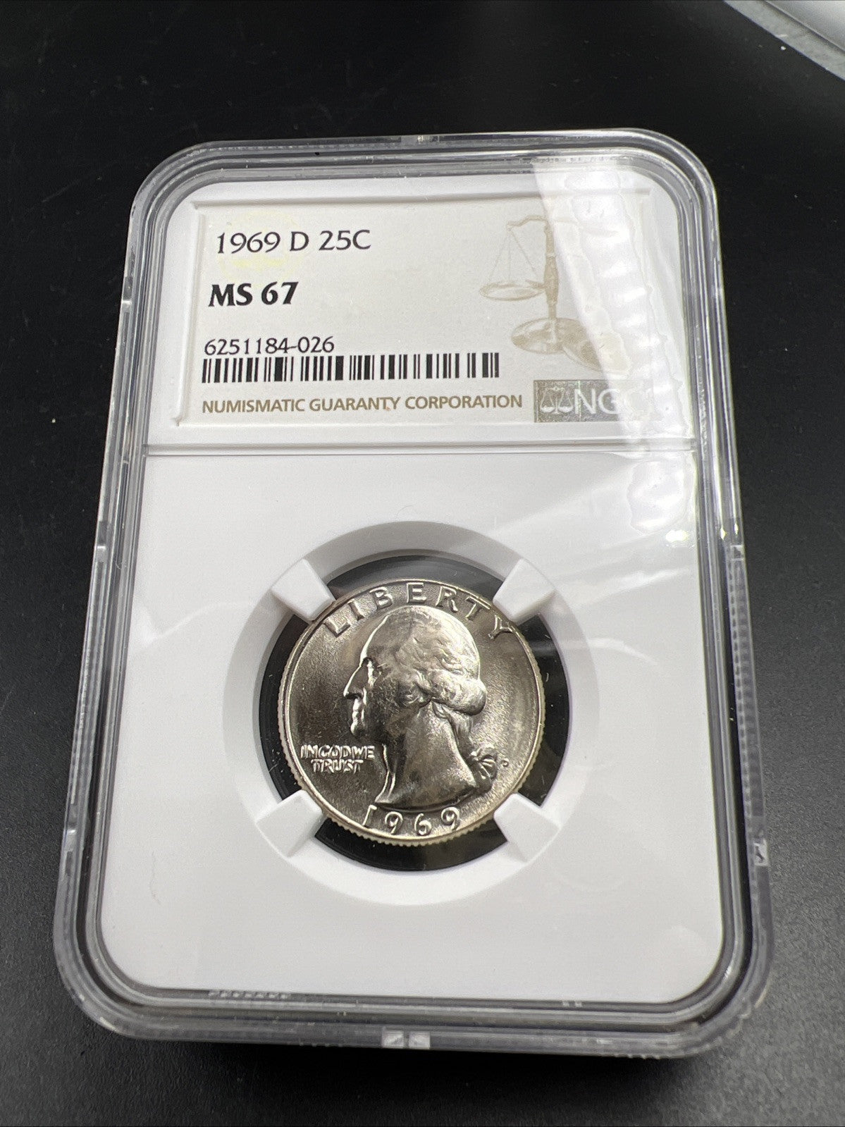 1969 D 25c Washington Clad Copper Nickel Quarter Coin MS67 NGC Certified Gem BU