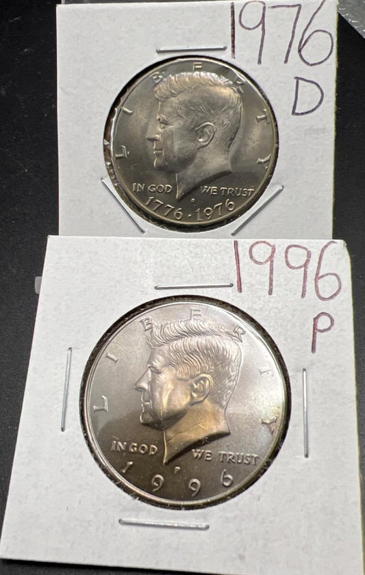 Lot of 2 Kennedy BU Half Dollars 1996 P Neat Toning & 1976 D Bicentennial Half