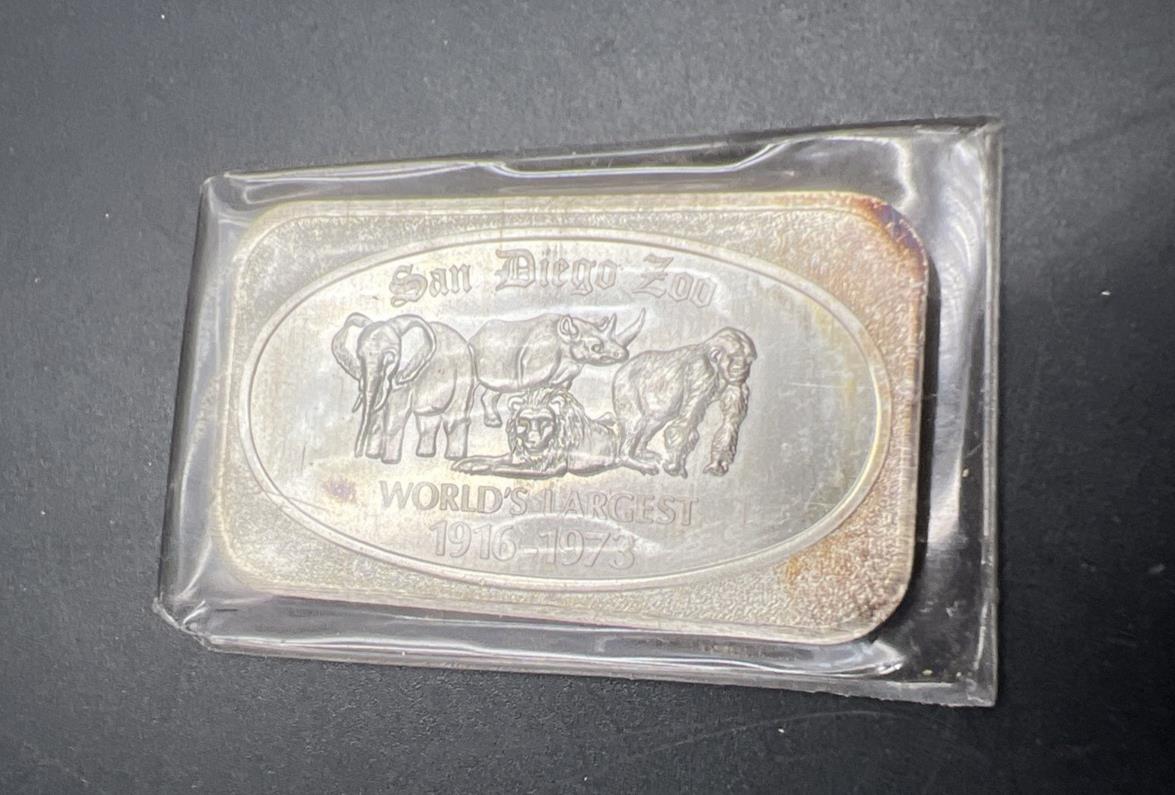 1973 San Diego Zoo 1 Oz Silver ARt Bar US Silver Corporation Neat Toning